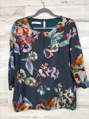 Bianca Womens 14 Gray Multi Floral 3/4 Sleeve Viscose Designer Blouse Luxe